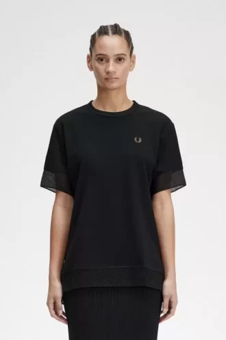 Damen-T-Shirt aus Piqué mit transparentem Besatz
