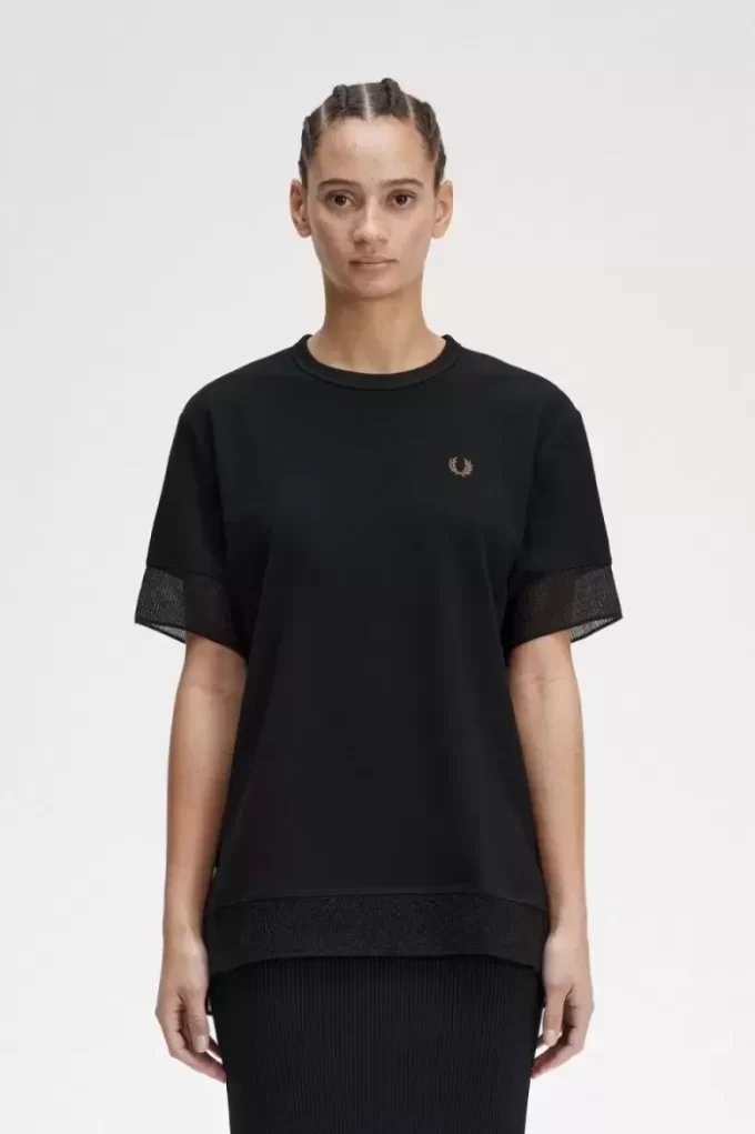 Damen-T-Shirt aus Piqué mit transparentem Besatz