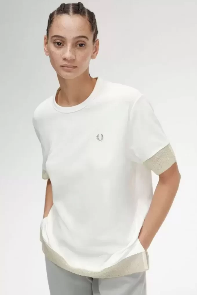 Damen-T-Shirt aus Piqué mit transparentem Besatz