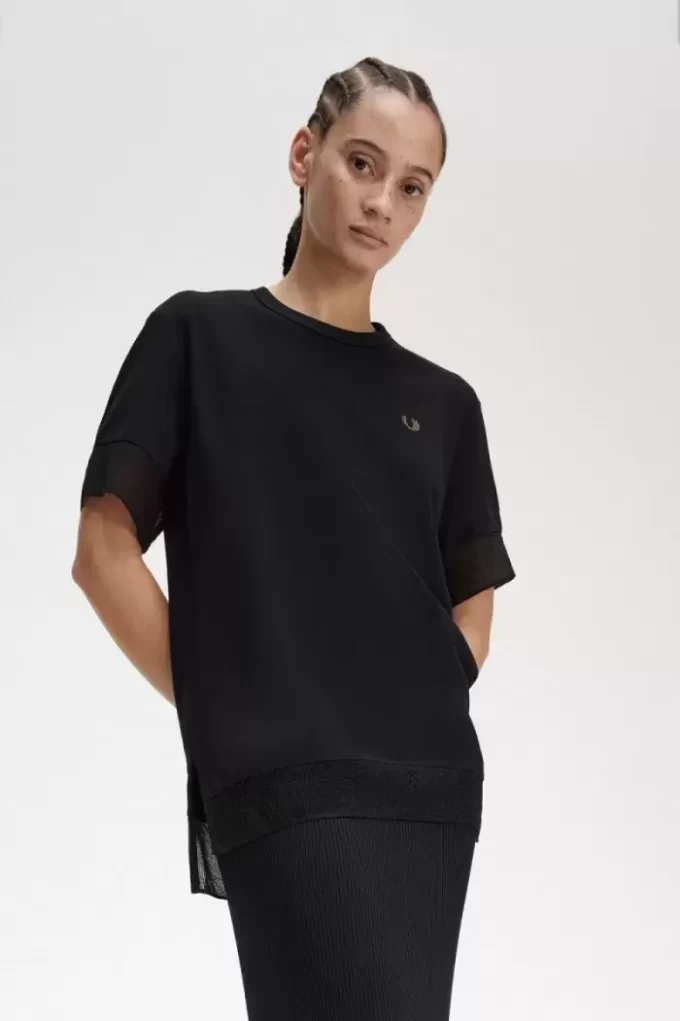 Damen-T-Shirt aus Piqué mit transparentem Besatz