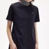 Damen-T-Shirt mit hohem Kragen und Jacquard-Besatz