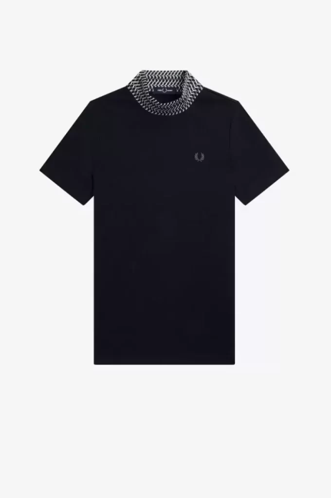 Damen-T-Shirt mit hohem Kragen und Jacquard-Besatz