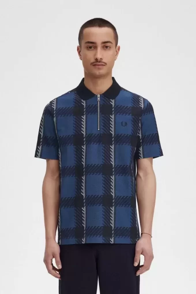 Glitch Tartan Herren-Poloshirt mit Reißverschluss