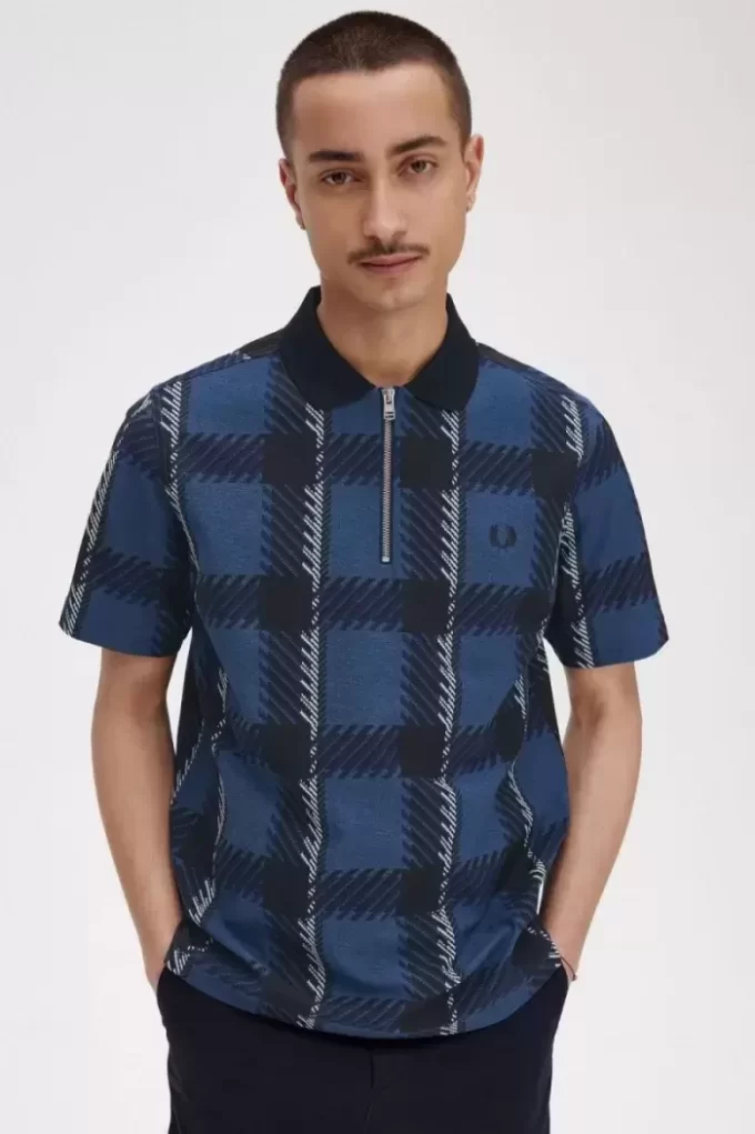 Glitch Tartan Herren-Poloshirt mit Reißverschluss