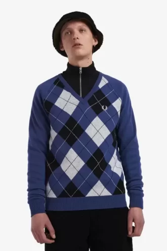 Herrenpullover mit V-Ausschnitt und Argyle-Muster aus Lammwolle