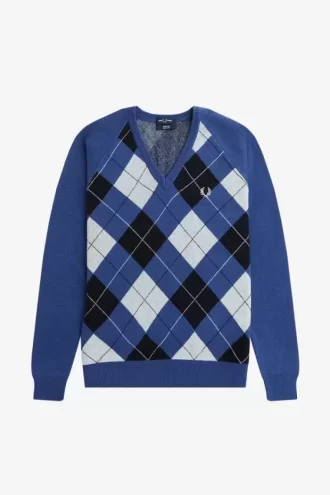 Herrenpullover mit V-Ausschnitt und Argyle-Muster aus Lammwolle