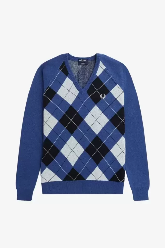 Herrenpullover mit V-Ausschnitt und Argyle-Muster aus Lammwolle