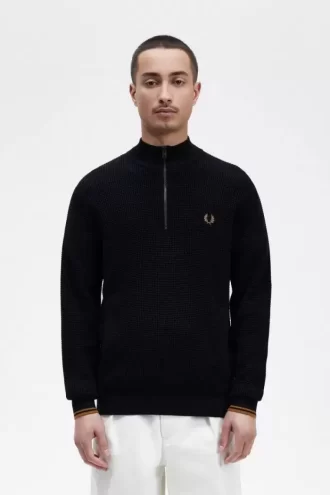 Herrenpullover mit Waffelmuster und halbem Reißverschluss