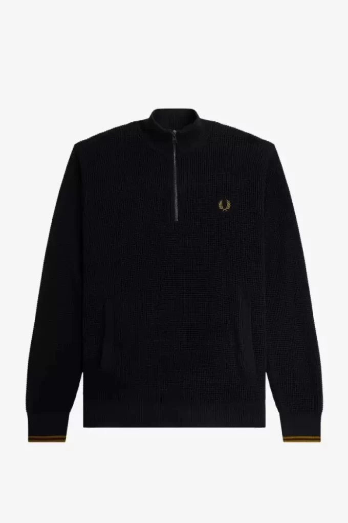 Herrenpullover mit Waffelmuster und halbem Reißverschluss