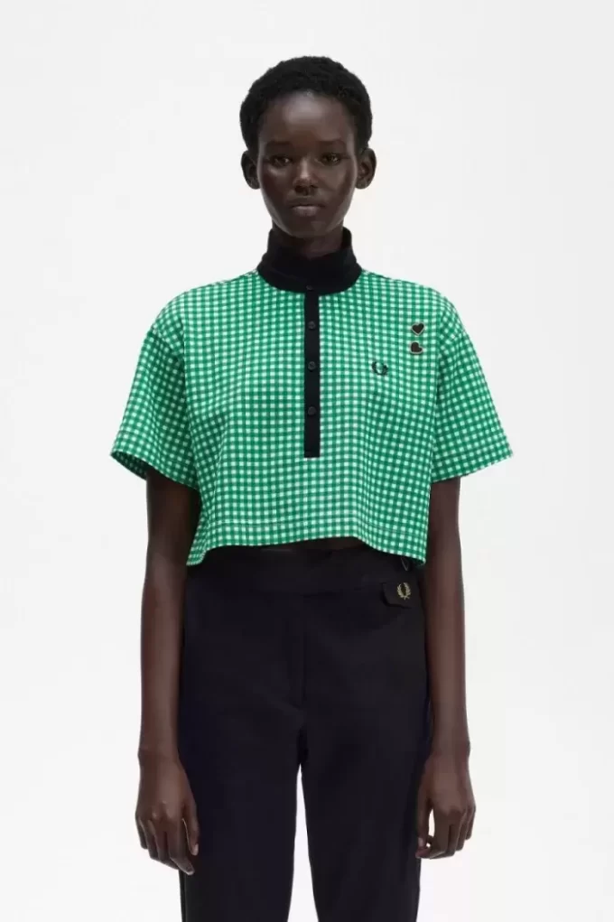 Kurzes Gingham-Piqué-Poloshirt für Damen