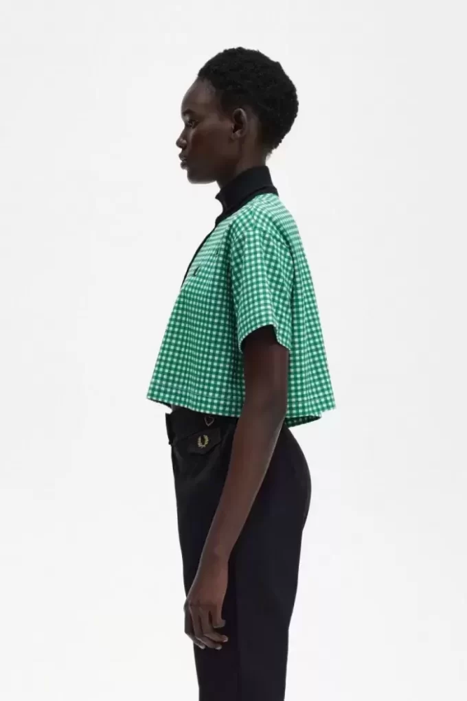 Kurzes Gingham-Piqué-Poloshirt für Damen