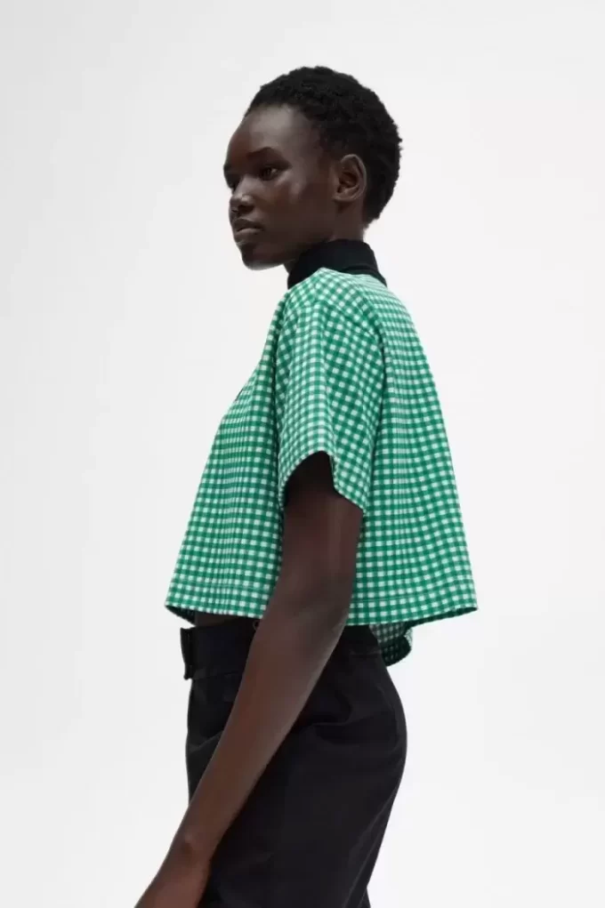 Kurzes Gingham-Piqué-Poloshirt für Damen