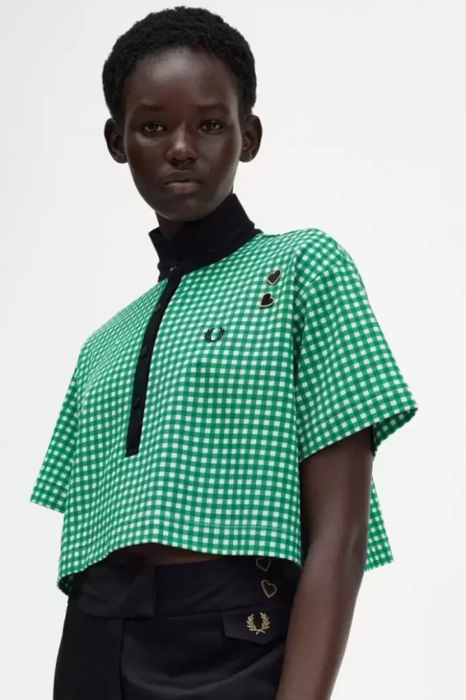 Kurzes Gingham-Piqué-Poloshirt für Damen