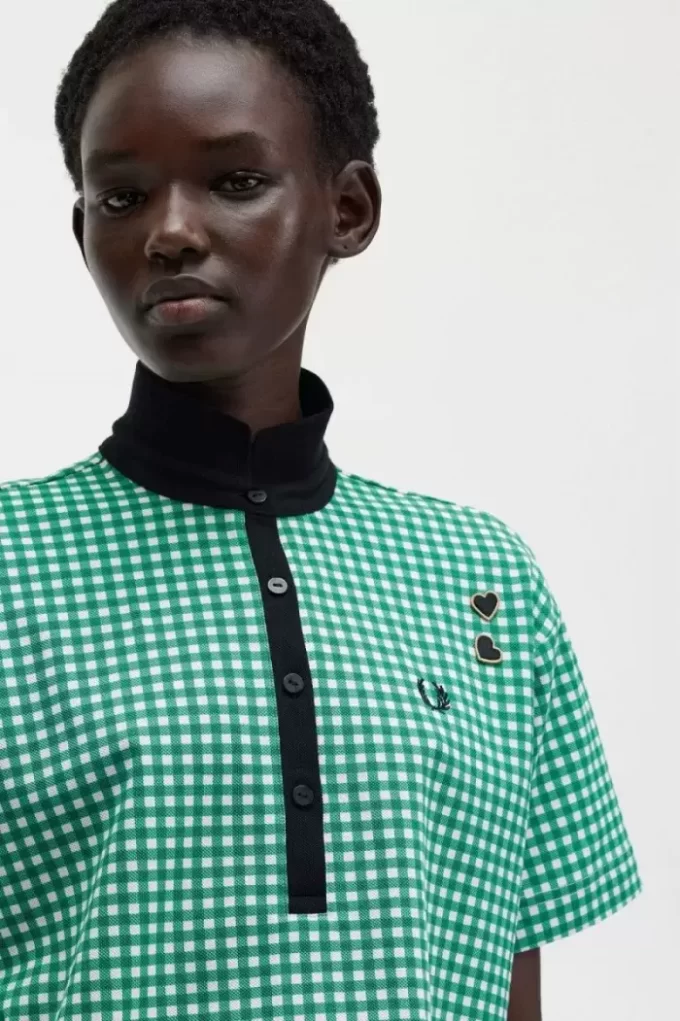 Kurzes Gingham-Piqué-Poloshirt für Damen