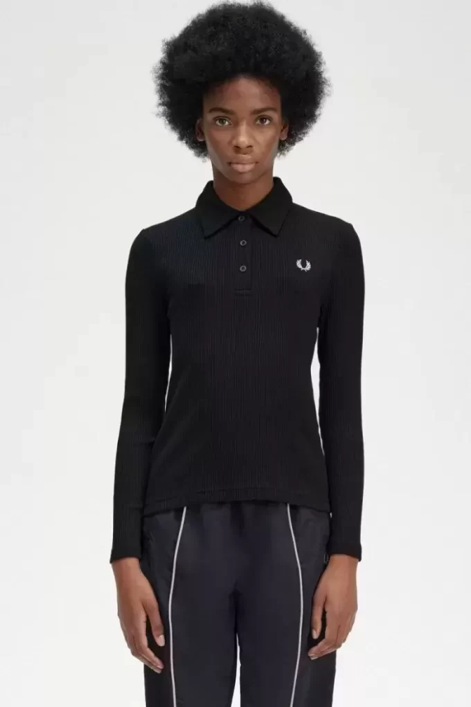 Langärmliges geripptes Damen-Poloshirt
