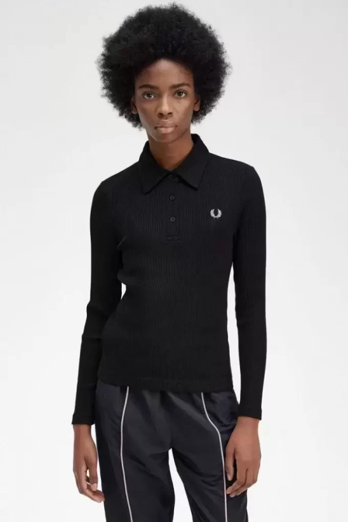 Langärmliges geripptes Damen-Poloshirt