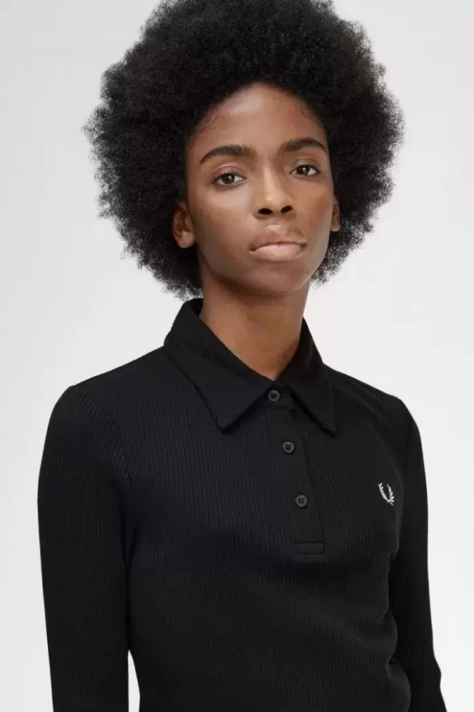 Langärmliges geripptes Damen-Poloshirt