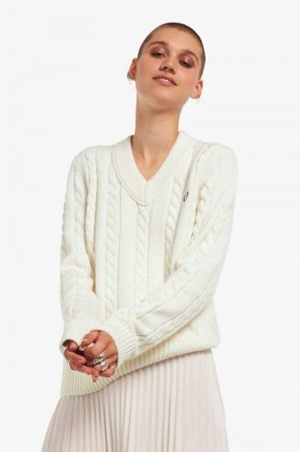 V-Ausschnitt Zopfmuster Pullover Strickwaren